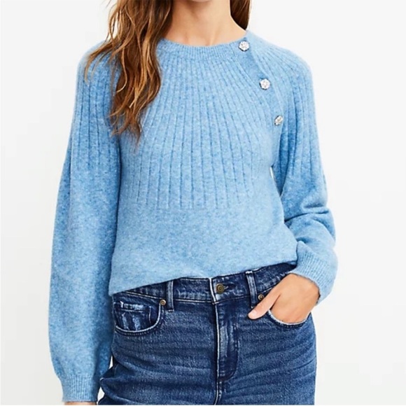 LOFT Sky Blue Crew Neck Sweater with Shoulder Buttons, Soft, Cozy, Comfy, Warm - Picture 1 of 8